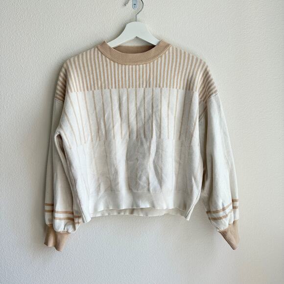Cream beige white neutral striped printed color block knit sweater small - Picture 1 of 2